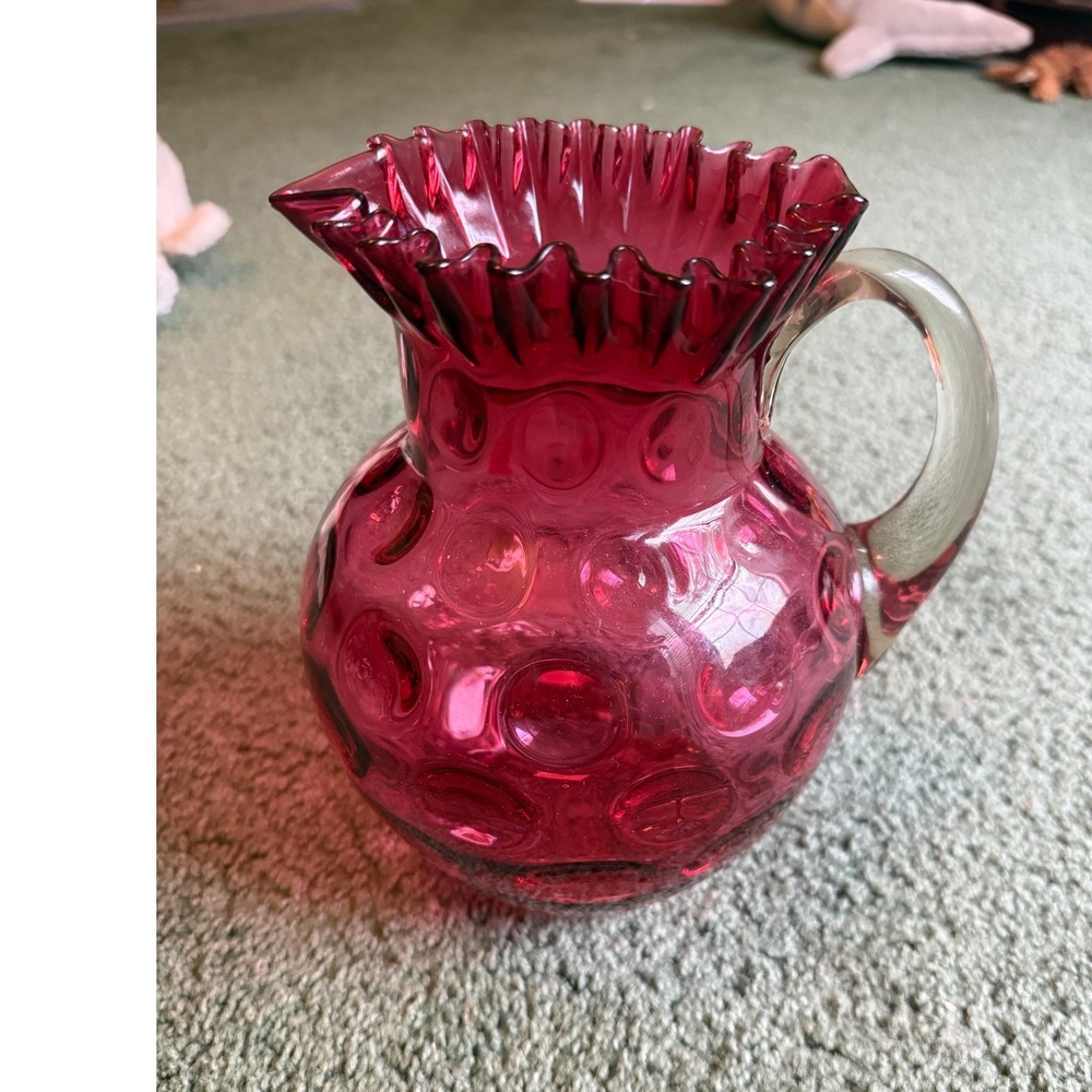 Fenton Cranberry Glass Pitcher Thumbprint Coin Dot Ruffled Rim Clear Handle